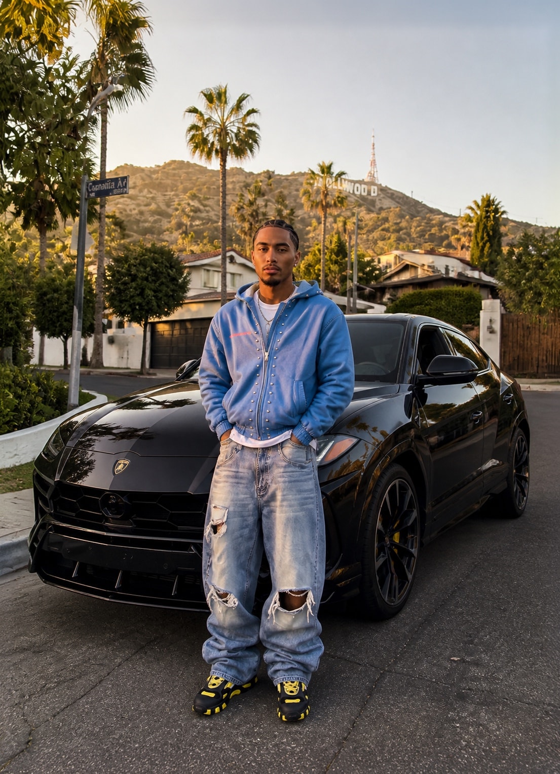 Generic AI: model in a blue hoodie leaning on a black SUV