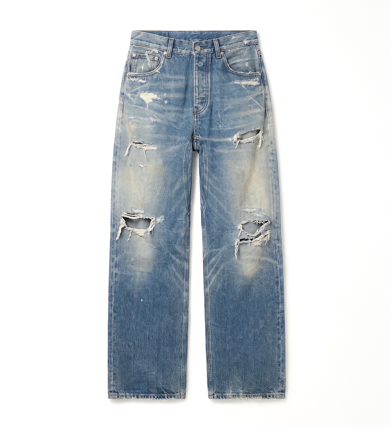 Ripped light-wash jeans on a white backdrop