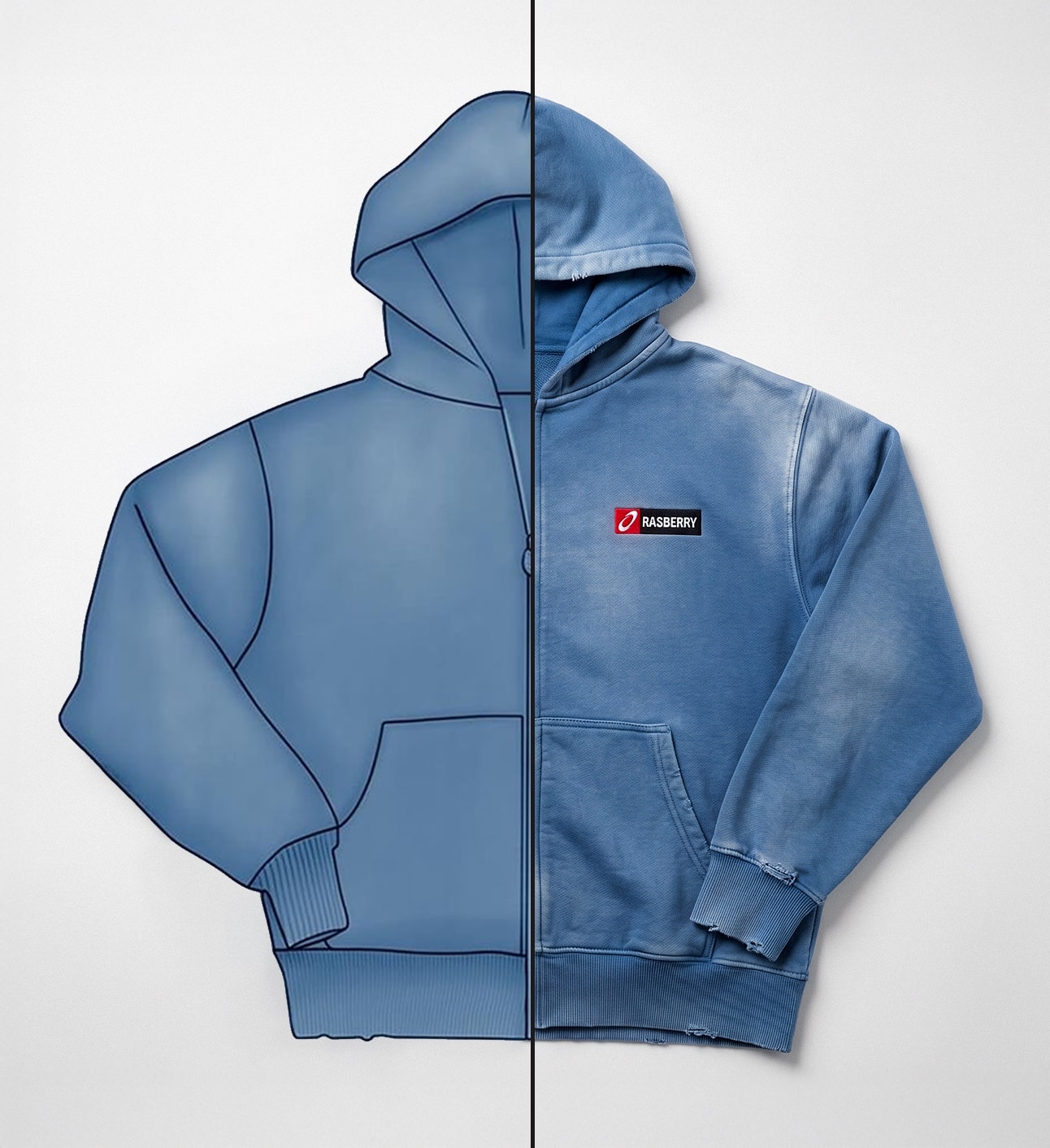 Hoodie shown half as a flat sketch, half as the real garment